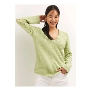 By Anthropologie Green Long Sleeve Pointelle V-Neck Pullover Sweater Size XS